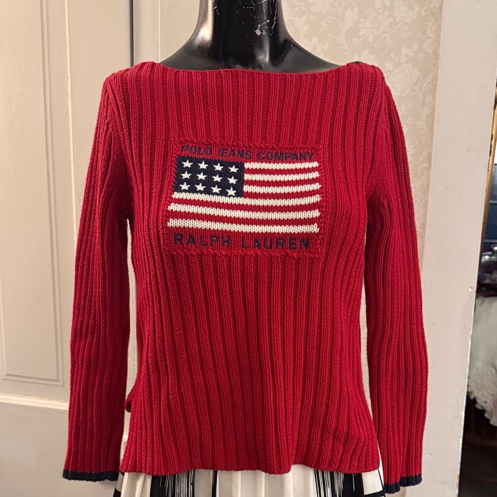 Vintage Polo Jeans Co Ralph Lauren Red Ribbed USA Flag Boatneck Sweater Small